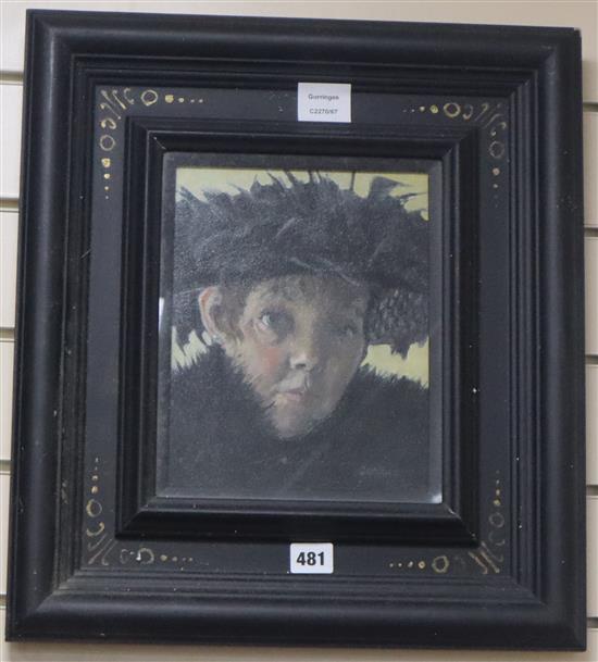 Alexandra Gardner (1945-) oil on canvas board, Self portrait with black feather hat, signed, 24 x 19cm